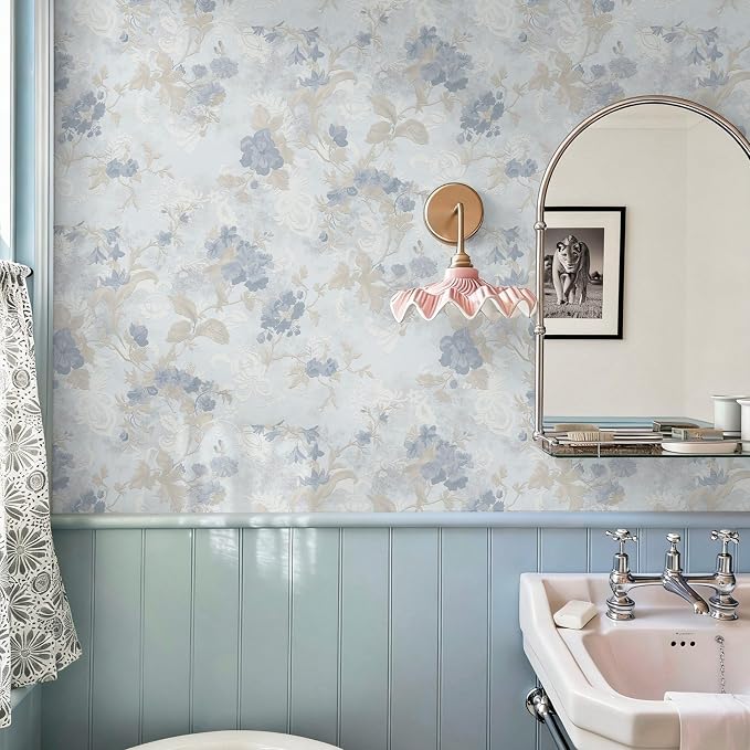 Ismoon Vintage Wallpaper Floral Peel and Stick Wallpaper 17.3in x6.56ft Blue Country Retro Flower Wall Paper Texture Removable Stick on Wall Paper for Bathroom Cabinets Countertops Self-Adhesive Vinyl - Image 5