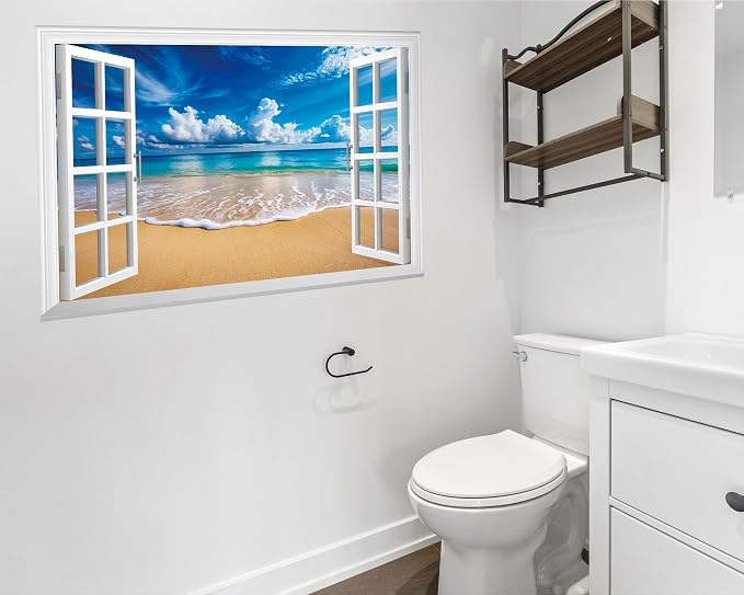 FLFK Fake Window Wall Mural - Ocean Beach Faux Window Wall Sticker for Wall Decor, Peel and Stick Wall Decals,48"x32",Set of 2 Sheets - Image 5