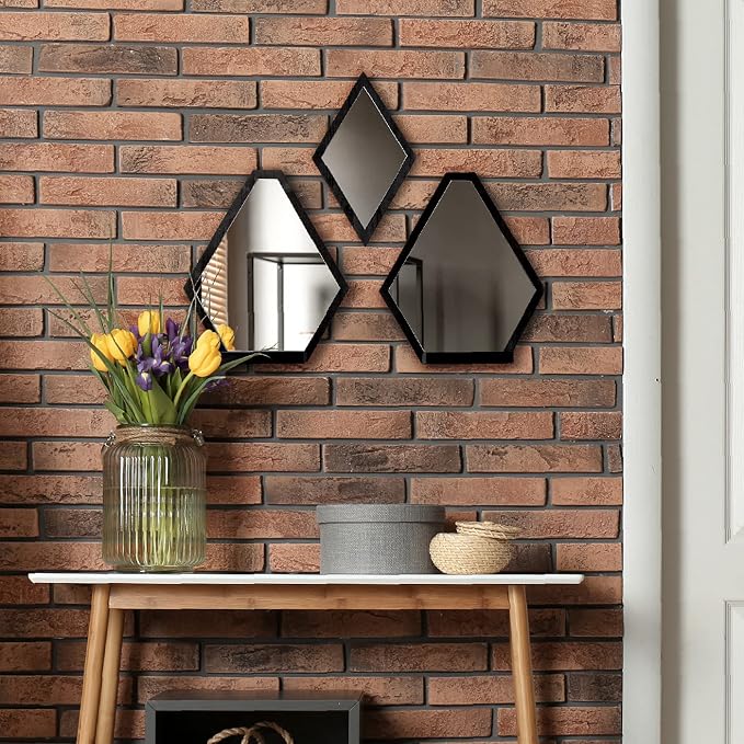 JACKCUBE Design Wall Mount Decorative Mirrors- Set of 3, Geometric Rustic Wood Real Mirror with Shelf for Bedroom, Bathroom, Living Room, Kitchen Wall Art Décor- MK689A - Image 3