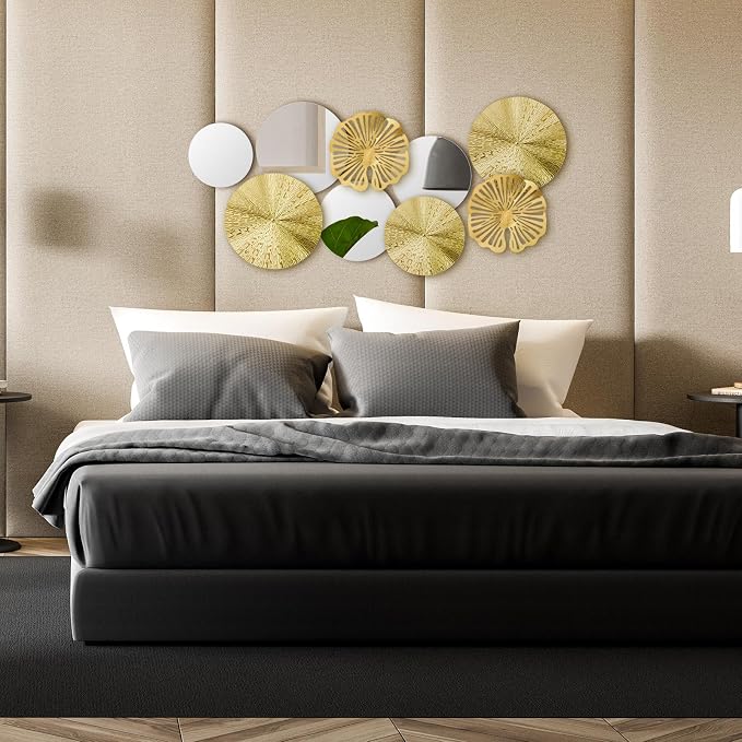 Hicarer 9 Pcs Gold Mirror Wall Decor Round Metal Art Decor Decorative Modern Circle Mirror Wall Art Sculpture Hanging Decorations for Home Living Room Bedroom Office(Gold) - Image 6