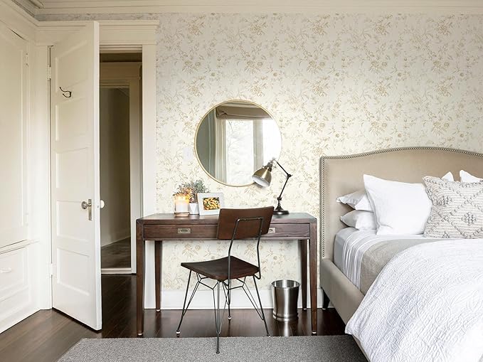 Dimoon Floral Wallpaper Peel and Stick Beige Contact Paper Vintage Neutral Wallpaper 17.3inx394in Removable Self-Adhesive Stick on Wall Paper Waterproof for Bathroom Wall Decor Vinyl - Image 5