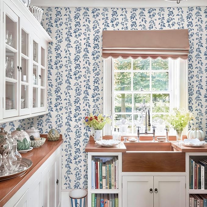 Ismoon Blue Wallpaper Peel and Stick Vintage Wallpaper 17.3in x 6.56ft Blue Leaf Contact Paper Vintage Cottage Wall Paper for Bedroom Bathroom Kitchen Nursery Removable Vinyl - Image 4