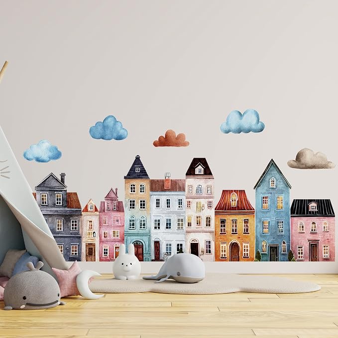 Watercolor Towns Village Wall Decal, Peel and Stick Nursery Mural Wall Stickers for Kids, Boys and Girls Room, Bedroom & Toddler Room Decor - Image 7