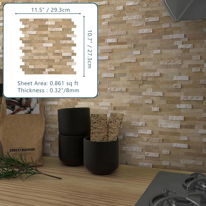 SUNWINGS 5-Sheet Peel and Stick Mosaic Natural 3D Stone Self Adhesive Marble Tiles, 11.5" x 10.7" Stick on Backsplash for Kitchen Bathroom Fireplace Vanity, Beige - Image 2