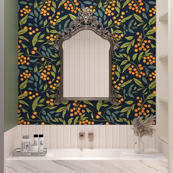BOKEBEVE Leaf Floral Wallpaper Peel n Stick Boho Blue Orange 17.5 x 393.5In | Extra Long Removable Renter Friendly Vibrant Watercolor Wall Paper for Bedroom Bathroom Living Room Feature Accent Wall - Image 5