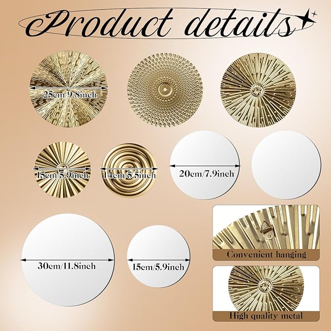 Blulu 9 Pcs Gold Mirror Wall Decor Metal Round Home Art Decor Decorative Modern Circle Mirror Wall Art Sculpture Hanging Decorations for Home Living Room Office - Image 3