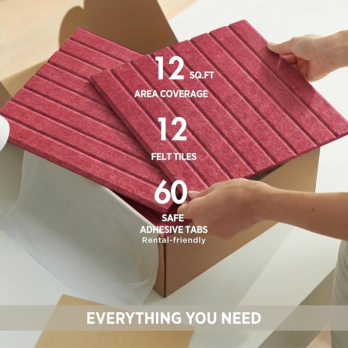 VIVELDA Felt Bulletin Board Tiles 48"x36" - 12-Pack Cork Board Alternative, Oeko-TEX Certified, NRC 0.95 Acoustic Wall Panels, Damage-Free Adhesive, Slatted Design, Home Office & Classroom (Burgundy) - Image 6