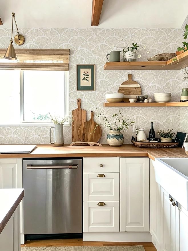 Dimoon Peel and Stick Wallpaper Boho Beige Contact Paper Neutral Cottage Wallpaper Farmhouse Leaf Morden Renter Friendly Removable Wall Paper Botanical for Bathroom Kitchen Bedroom Vinyl 362" x 17.3" - Image 4