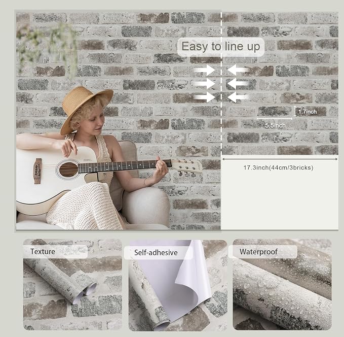 Guvana 17.3"×118" Brick Peel and Stick Wallpaper Brick Wallpaper | Grey Brown 3D Brick Self Adhesive Contact Paper Textured Removable Vintage Wallpaper Decorative Wall Classroom Covering - Image 5