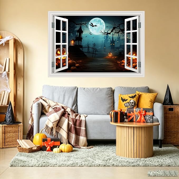 Halloween Decorations Decal Scary Fake Window Halloween Party Decor Sticker | ｜Full Moon Night View Terror Castle Pumpkin Bat Spooky Wall Art Poster Mural ｜ Peel and Stick Decals｜48"x32",Set of 2 Sheets - Image 7