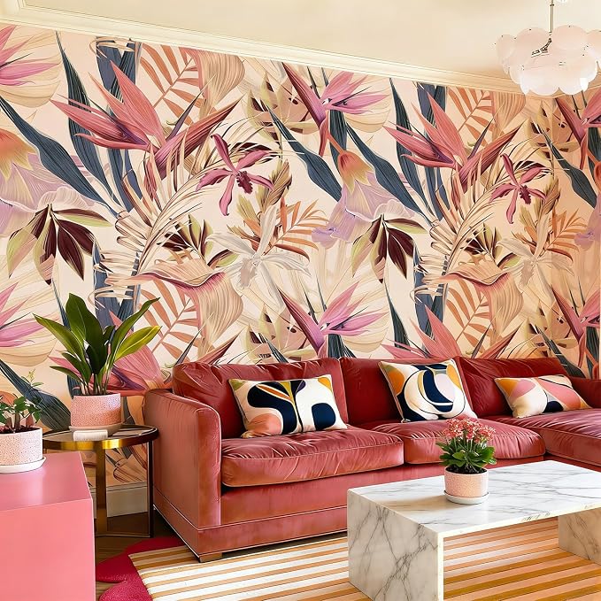 Floral Peel and Stick Wall Mural, Leather Textured Vintage Self-Adhesive Wallpaper for Bedroom Living Room Background Wall Art Decor, Bird of Paradise, Pink 137.24'' x 98.03'' by Flortlias