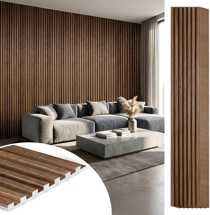 WPC Acoustic Slat Wall Panels 8-Pack 96'' x 6'' (Cover Approx.32 sq.ft) | Accent 3D Wall Panel for Interior Wall Decor, Waterproof Fluted Textured Panel Wall Slats, Solid Walnut by LARWORKS