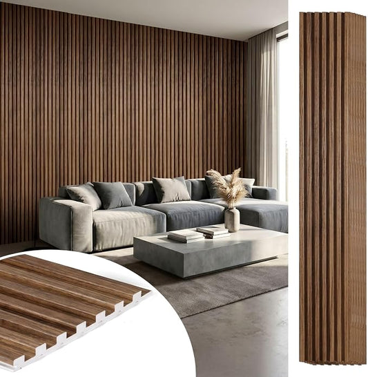 WPC Acoustic Slat Wall Panels 8-Pack 96'' x 6'' (Cover Approx.32 sq.ft) | Accent 3D Wall Panel for Interior Wall Decor, Waterproof Fluted Textured Panel Wall Slats, Solid Walnut by LARWORKS