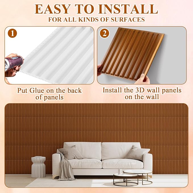 Nuanchu 32 Pcs 3D Wall Panels, 12"x12" PVC Fluted Tiles, Walnut | Waterproof Accent Panels, Paintable Wall Tiles, for TV Background, Bedroom, Bathroom, Gaming Room, Cuttable Home DIY Decor - Image 4
