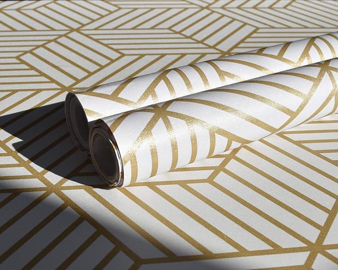 MelunMer Geometric Contact Paper Peel and Stick Wallpaper Gold 17.7”×393” | Self Adhesive, Removable Wallpaper for Bedroom/Bathroom Waterproof, Modern Contact Paper for Cabinets Liner Easy to Install - Image 6