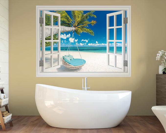 FLFK Fake Window Wall Decal, Tropical Beach Paradise with Turquoise Ocean, White Frame, Peel and Stick, 80 x 60 Inches,for Living Rooms, bedrooms, and Offices - Image 6