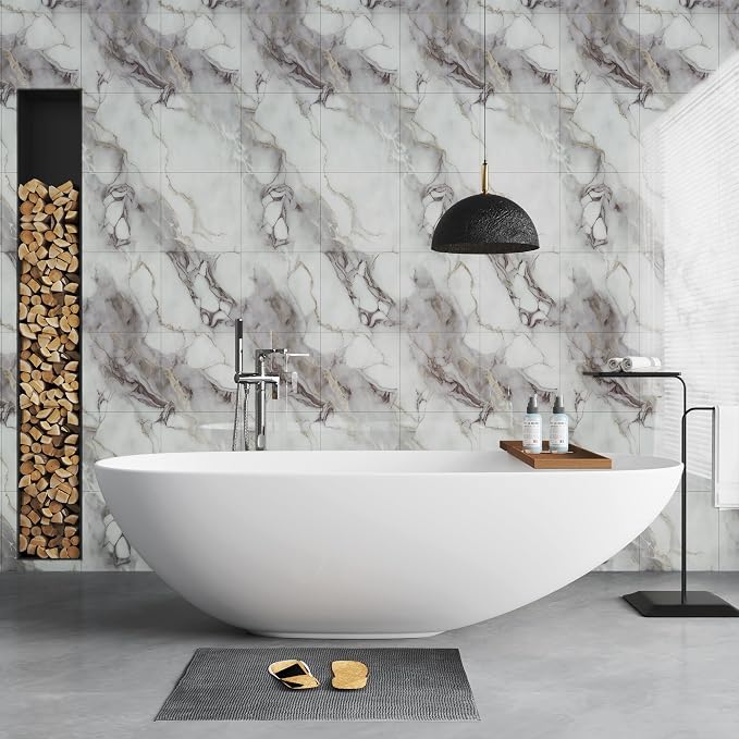 20pcs Marble Peel and Stick Shower Wall Panels 11.8"x11.8" | (Total 19.4 Sq.Ft.) Purple & Beige,Waterproof,Backsplash Tile,Stick on Wall,for Bathroom,Bedroom,Kitchen,Entryway - Image 9