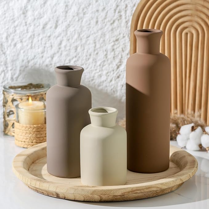 Ceramic Vase Set of 3, Flowers Neutral Modern Vases Home Decor Rustic Farmhouse Decor Pampas Vase for Table Mantel Entryway Shelf Living Room Kitchen Bathroom - Brown - Image 9