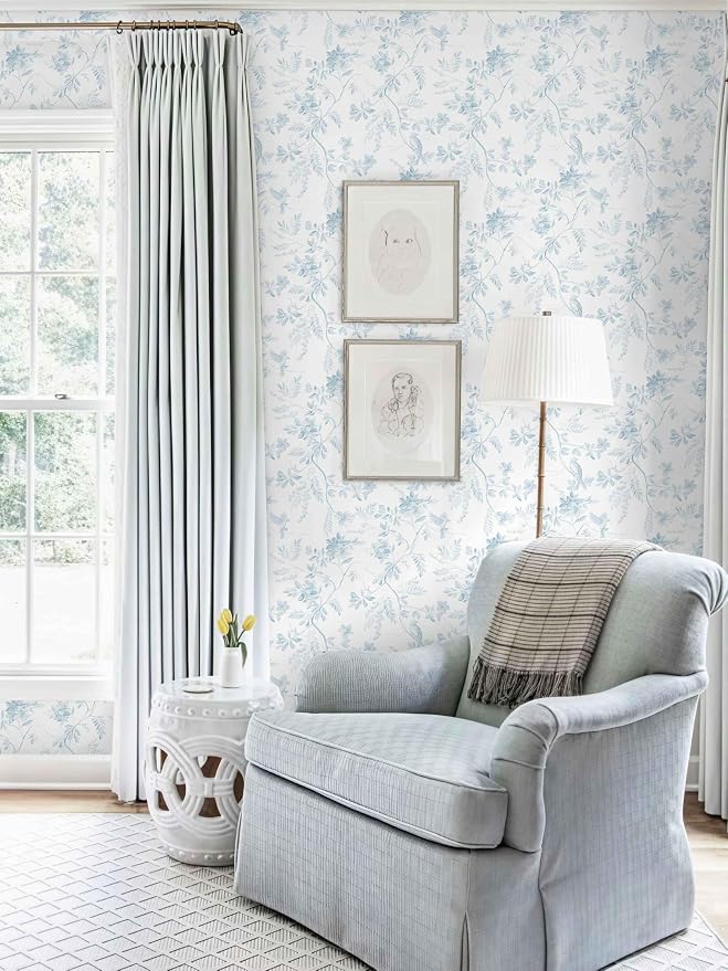 Dimoon 17.3''x385'' Blue Peel and Stick Wallpaper Floral Modern Light Blue Contact Paper White Bird Kitchen Wallpaper Removable Bathroom Renter Friendly Waterproof Embossed Bedroom Vinyl Roll - Image 5