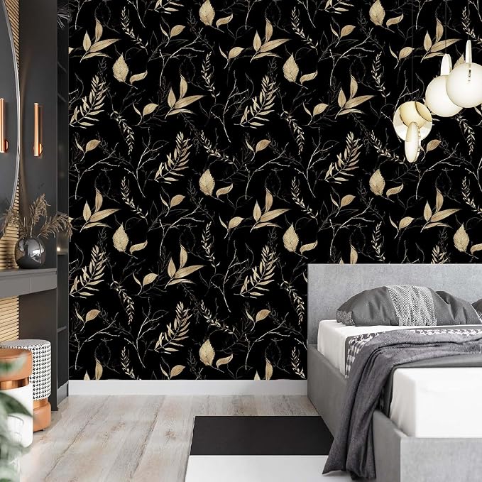 Dark Black and Gold Leaf Peel and Stick Wallpaper 17.7" x 354" | Self-adhesive removable waterproof leaf design for bedroom accent walls and renter friendly spaces - Image 5