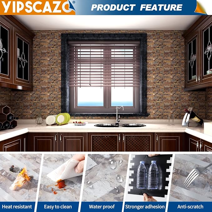 Yipscazo Peel and Stick Stone Metal Backsplash, Stick on Tiles for Backsplash Kitchen (Brown Stone Rock, 10-Pack) - Image 5