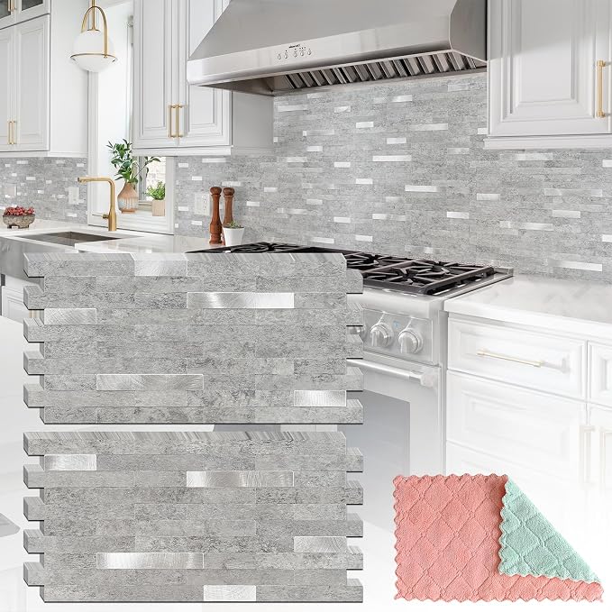 StyloVue 20 Sheets Peel and Stick Backsplash for Kitchen, Slate Gray with Metal Silver Look Stick on Tile Upgrade Your Kitchen Backsplash, RV, Fireplace by StyloVue