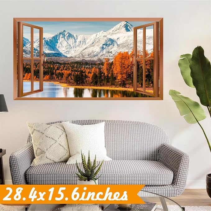 3D Fake Windows Wall Stickers Winter Mountain Lake Wall Stickers Removable Nature Landscape Faux Windows Wall Decals Peel and Stick Forest Wall Art Mural Stickers for Living Room Bedroom Kitchen Decor - Image 3