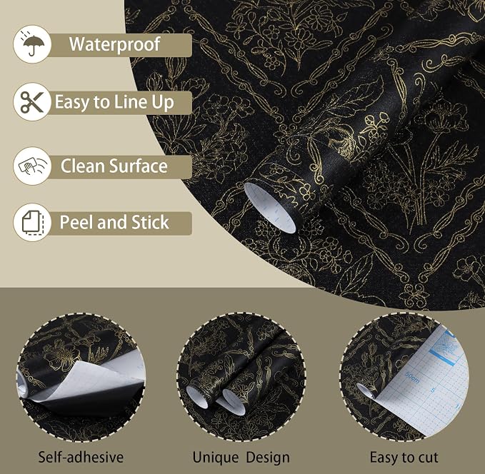 Toduso Peel and Stick Wallpaper Vintage Wall Paper Boho Contact Paper Black and Gold Floral Removable Wallpaper for Bathroom Bedroom Flower Waterproof Self Adhesive Vinyl Drawer Decor 17.3"x78.7" - Image 7