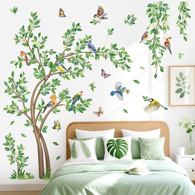 decalmile Green Tree Flying Leaves Birds Wall Decals Stickers (XL) - Image 2