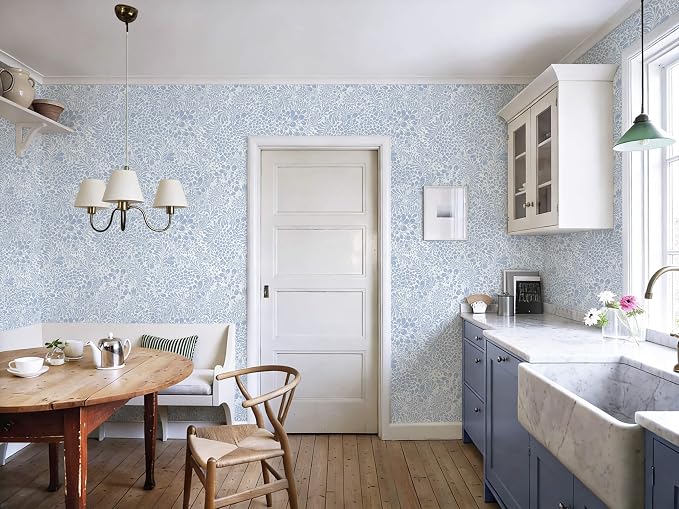 Heroad Blue Floral Peel Stick Wallpaper Boho Contact Paper 17.3''x78.7'' | Modern Wall Paper for Bedroom Bathroom,Removable Self Adhesive Wallpaper for Kitchen Cabinet,Waterproof Decor Vinyl Roll - Image 6