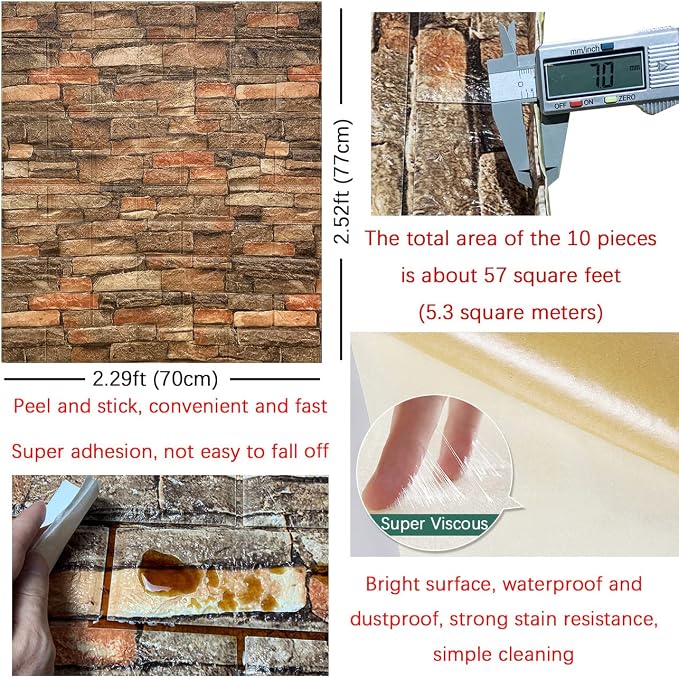 Yutianli 7mm Thick Anti-Collision self Adhesive 3D Wall Panels Peel and Stick,10-Pack 57 Sq.Ft Antique Faux Brick Wall Panels Foam Faux Stone Wallpapers for Bedroom (10, Style A) - Image 5