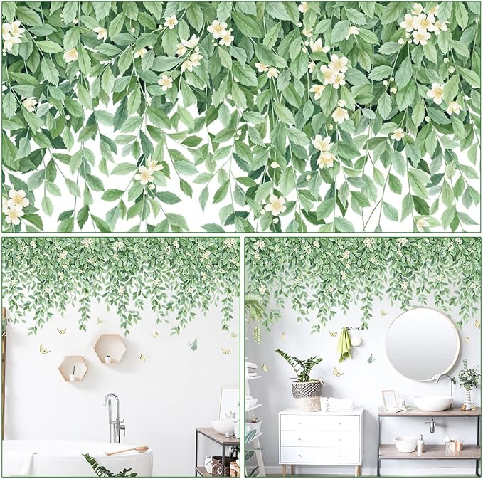 White Flowers Wall Decals Hanging Green Leaves Wall Stickers Butterflies Plants DIY Art Mural Decortions for Kids Baby Girls Bedroom Living Room Offices Nursery Classroom Closet Ceiling Vertex Line (A) - Image 3