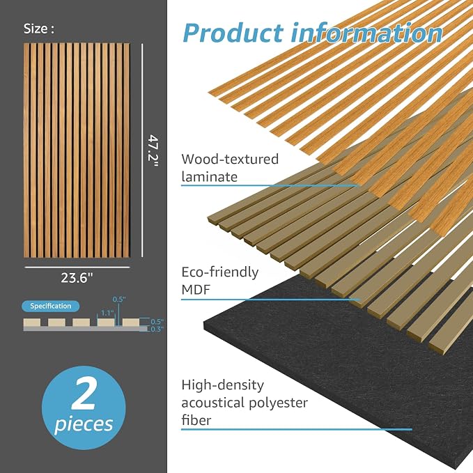 Art3d 2-Pack Fluted Acoustic Wood Slat Wall Panel, 47.2 x 23.6 Inch, Teak | Noise Control, Easy to DIY, Natural Texture, Sustainable Material, Ideal for Homeowners, Designers, for Living Room, Office - Image 5