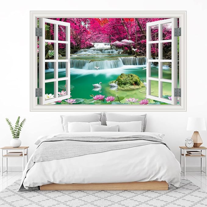 ‌Lmyhome Fake Window Wall Mural Waterfall (64"x48") | Peel and Stick Faux Window Wall Sticker Decal Poster for Bedroom Home Decor - Image 4
