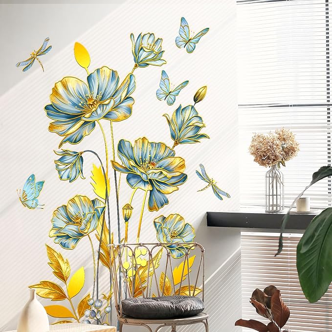 Blue and Gold Floral Wall Decals with Butterflies and Dragonflies, Large Flower Wall Stickers, 39.37x29.52 Inch, Bedroom Living Room Decor (Blue and Gold) - Image 7