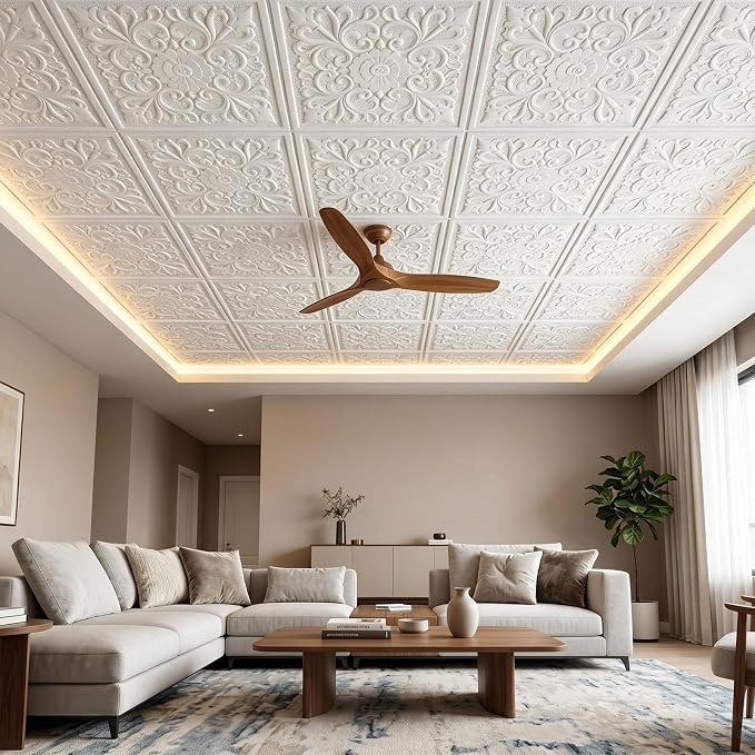Nuanchu 40 Pcs 13.8 x 13.8 Inch Ceiling Tiles Peel and Stick, Flower | Foam White 3D Wall Panels 26-105.5 Sq. ft Adhesive Glue up Waterproof Wallpaper for DIY Office Home - Image 5