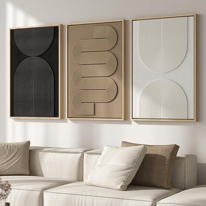 Large Framed Neutral Abstract Wall Art for Living Room, Modern 3D Artwork | Solid wood frame, Textured paintings, Neutral black white brown geometric, 3 piece 24x36 in big size, Bedroom or office decor by Cuspin