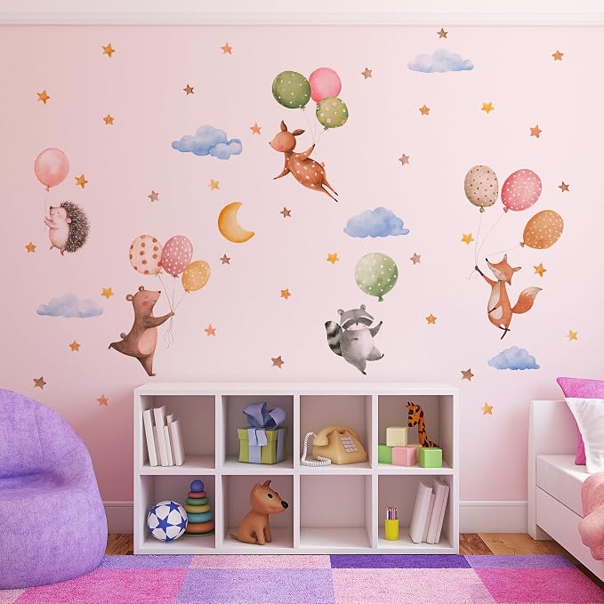 Watercolor Jungle Animal Wall Decal, Removable Nursery Woodland Animals,Cloud,Stars,Balloon Wall Stickers for Kids Boys and Girls Room, Bedroom & Toddler Room Decor (Balloon Animal Decals 84) - Image 5