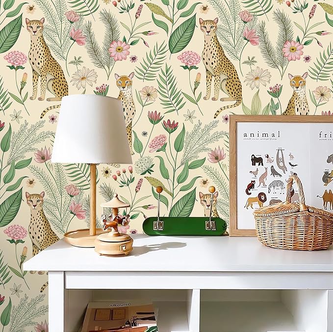 Floralplus Wallpaper Peel and Stick Removable Floral Cheetah Wallpaper Tropical Animal Jungle Leopard Wallpapers for Bedroom Boho Renter Friendly Self Adhesive Contact Paper 17.5 x 393 in - Image 5