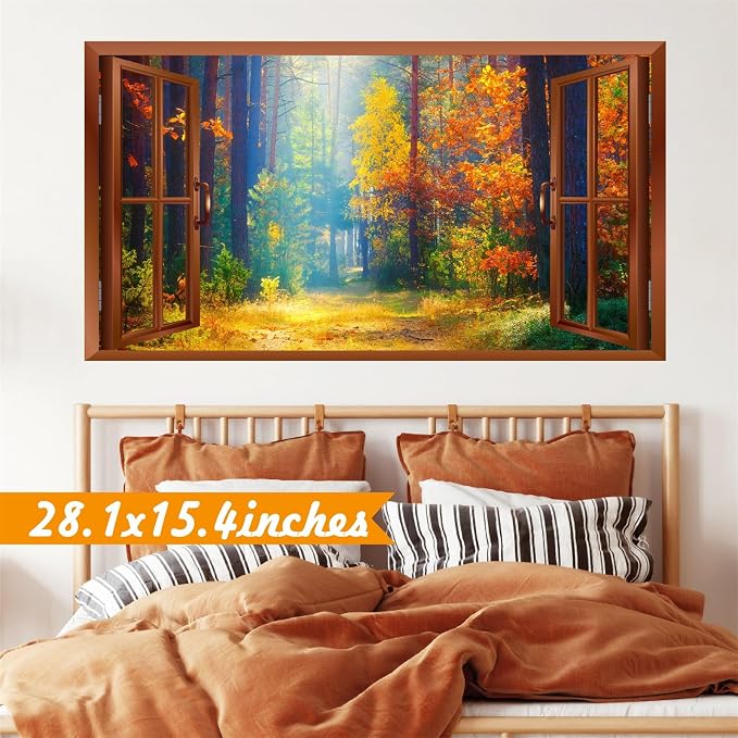 Fall Wall Stickers 3D Fake Windows Forest Trees Wall Decals Peel and Stick | Removable Fall Trees Landscape Faux Window Stickers, Thanksgiving Day Art Murals, for Bedroom Living Room Office Decoration - Image 2