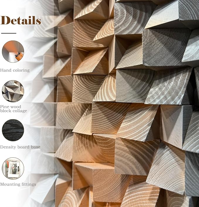 LIUZEYUE Large Round Wood Wall Art Featuring Sculptural Disc Texture | round 3D wall art; cool gray and rust, staggered mosaic surface; hotel lounge circular centerpiece; 47.2 in diameter - Image 2