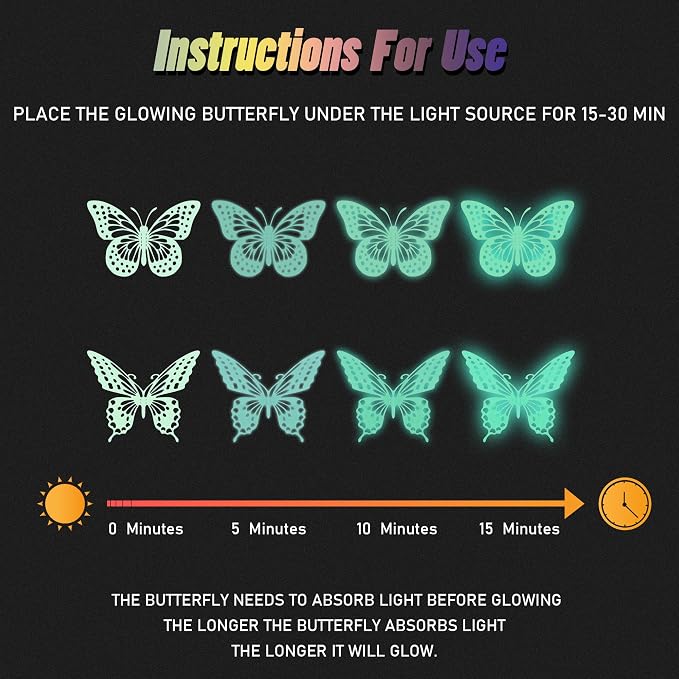 SAOROPEB Glow in The Dark 3D Butterfly 24 Pcs 3 Sizes, Luminous Butterfly Stickers for Ceiling or Wall, Glow in The Dark Party Supplies, Removable Luminous Stickers for Kids Babys Nursery (Green) | 3 Sizes, Luminous Butterfly Stickers for Ceiling Wall,... - Image 6