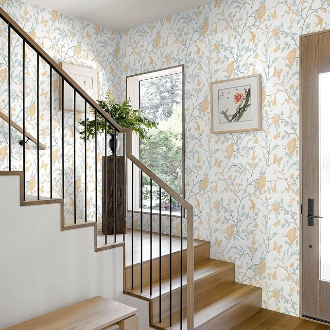 Yellow Wallpaper Floral Peel and Stick Wallpaper Boho Light Blue and Yellow Wall Paper Bird Botanical Contact Paper for Cabinets Renter Friendly Self-Adhesive Bathroom Bedroom 78.7"×17.3" - Image 5