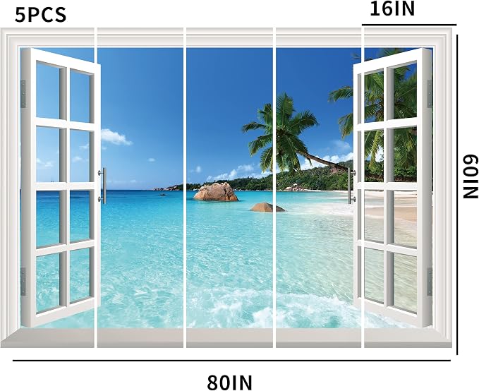 FLFK Fake Window Wall Sticker - Summer Beach Faux Window Wall Mural for Wall Decor, Stick and Peel Wall Decals,80"x60",Set of 5 Sheets - Image 4