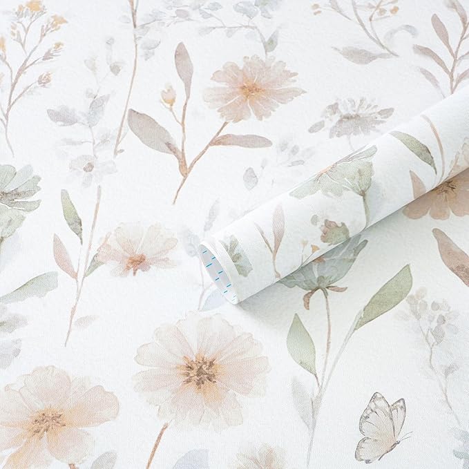 Ismoon Floral Peel and Stick Wallpaper Boho Wallpaper 17.3in x 32.8ft Pink and Green Contact Paper Watercolor Flower Removable Wall Paper for Bedroom Nursery Kitchen Girls Room Vinyl by Ismoon