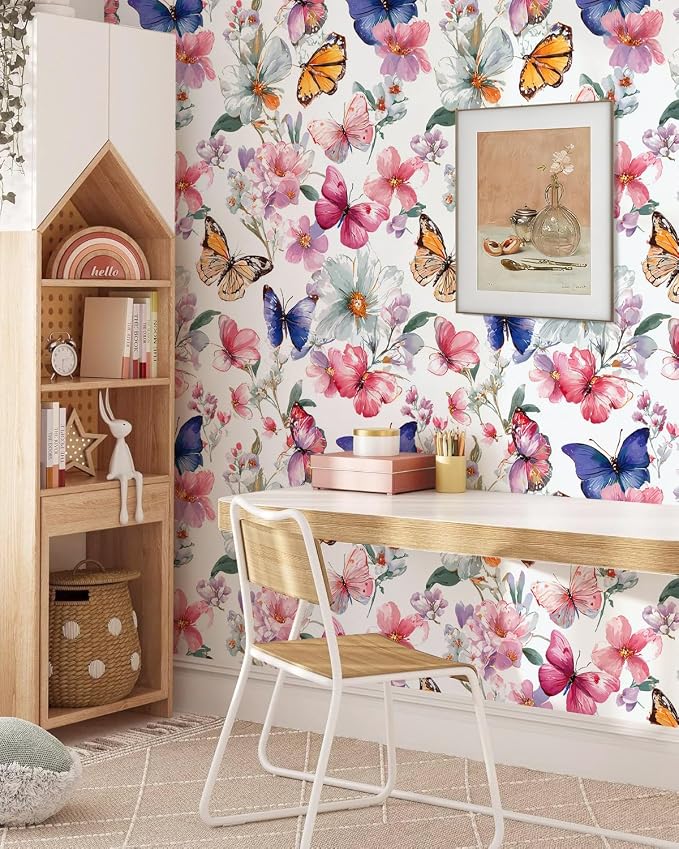Floral Peel and Stick Wallpaper Butterfly Contact Paper 16.9in×118.1in Watercolor Floral Wallpaper Self Adhesive Removable Modern Flower Contact Paper Waterproof for Bathroom Cabinets Decor - Image 6
