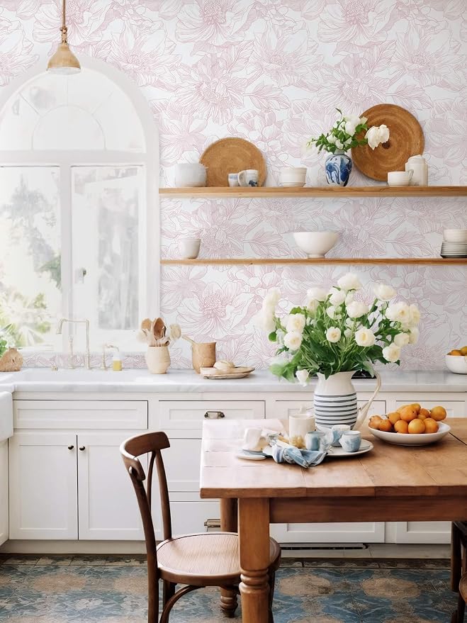 Ismoon Large Floral Peel and Stick Wallpaper Boho White/Pink Contact Paper 17.3inx6.5ft Removable Self Adhesive Bedroom Cabinet Mural Wall Decor Vinyl Roll - Image 6