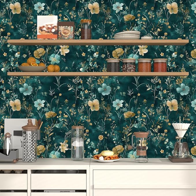 Laatse Floral Leaf Vintage Wallpaper Peel and Stick 17.5" x 393", Teal Gold | Self Adhesive/Removable/Waterproof/Thick Vinyl Contact Paper for Bathroom Bedroom Shelf Cabinet Drawer,Prepasted,Easy Peel - Image 4
