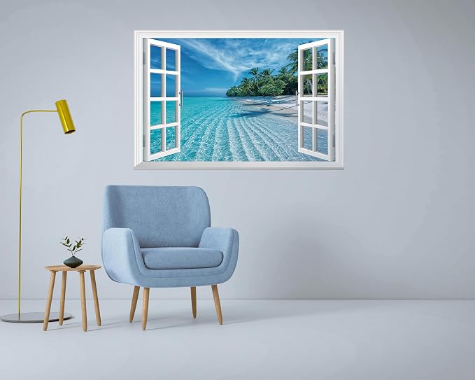 FLFK Fake Window Wall Mural - Summer Beach Faux Window Wall Sticker for Wall Decor, Peel and Stick Wall Decals,48"x32",Set of 2 Sheets - Image 5