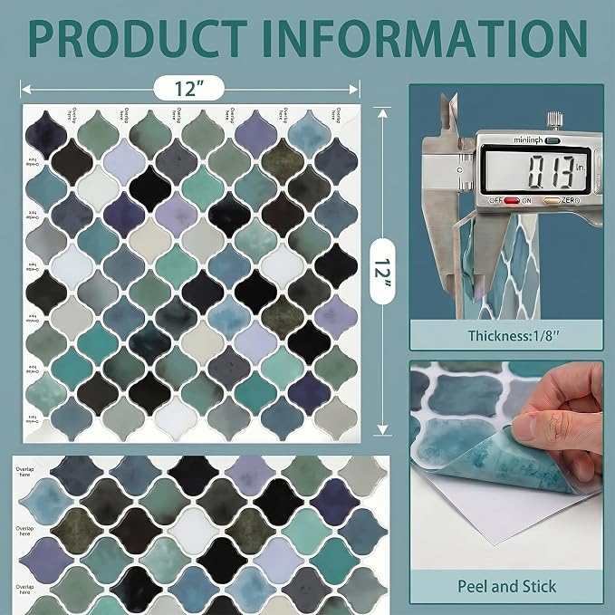 Arttown Peel and Stick 3D Wall Backsplash 10-Sheet 12" × 12" Moroccan Teal | Subway Tile Self Adhesive Thicker Design Wall Tiles Panel Wallpaper for Kitchen Bathroom Balcony Rental Housing - Image 3